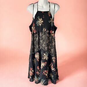 Free People Intimately Floral Sun Dress Large Black Coral Teal Boho Pretty!